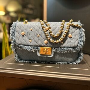 KARL LAGERFELD PARIS Quilted Agyness Light Blue Denim Shoulder Bag